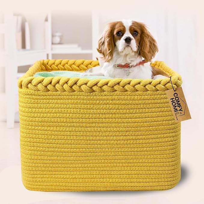 COMFY-HOMI Square Woven Cotton Rope Basket for Organizing, Gift Baskets for Handles, Empty Gift Baskets, Toy Basket for bins|13.5" x 11" x 9.5" home decor for Living Room, Bathroom