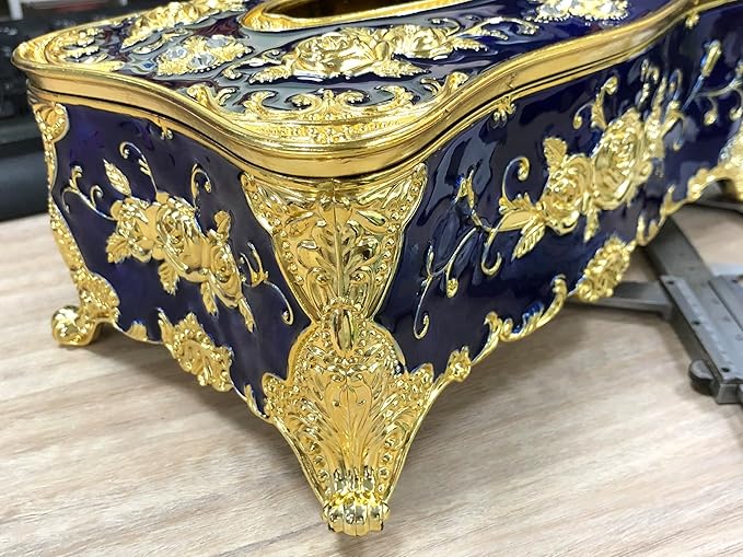 9.45"x5.43"x3.94" Luxurious Rose Tissue Box with Imitation Diamonds, Embossed Flowers, Elegant Tissue Paper Holders for Home Toilet Bath Hotel,Gold Transparent-Blue