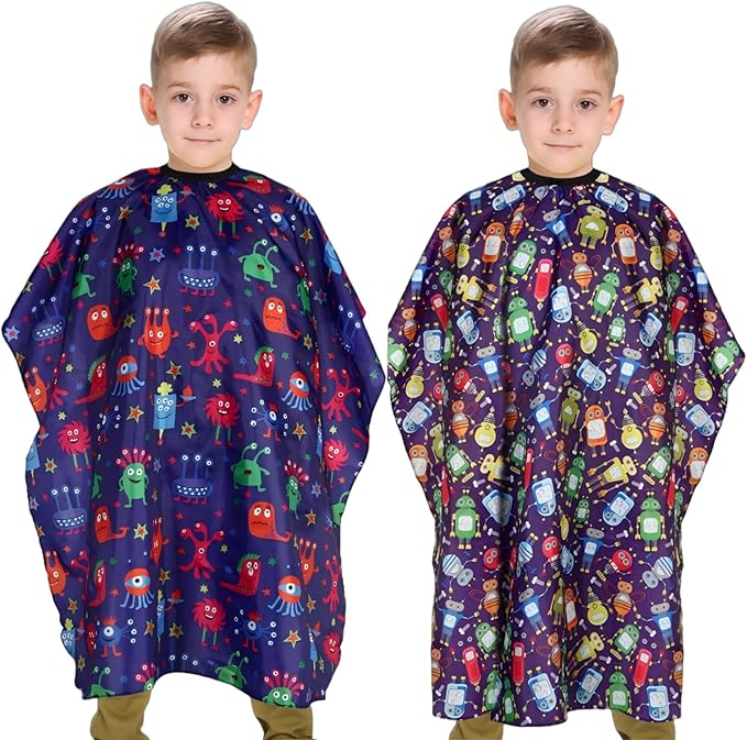 YELEGAI Kids Hair Cutting Cape (2 Pack) Professional Children Salon Barber Apron for Boys and Girls (Cartoon Robot & Cartoon Monster)