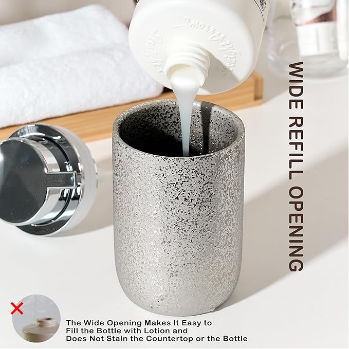 GIRLUFO Speckled Silver Ceramic Foaming Soap Dispenser, 12 oz Refillable Foam Soap Pump Bottle for Bathroom Vanity, Kitchen Sink and Countertop