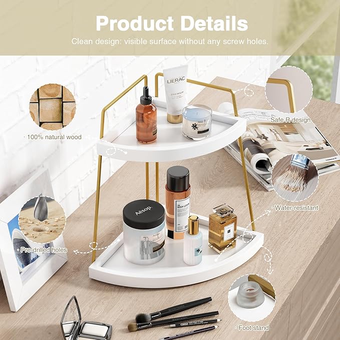 Forbena Corner Bathroom Counter Organizer, 2 Tier Bathroom Organizer Countertop, Small Bathroom Sink Top Trays Corner Shelf Stand for Makeup Vanity Perfume Skincare Decor Storage (White and Gold)