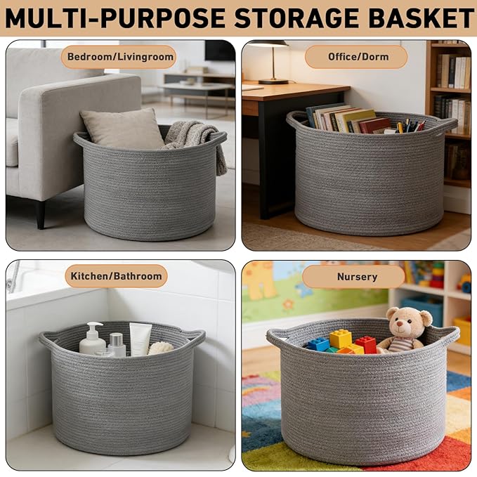 115L Large Blanket Basket,23.6" L x 23.6" W x 15.7" H Rope Woven Baskets with Handles, Toys Storage Bins,Laundry Basket Perfect for Living Room, Nursery,Bedroom,Home Organization,Dark Gry
