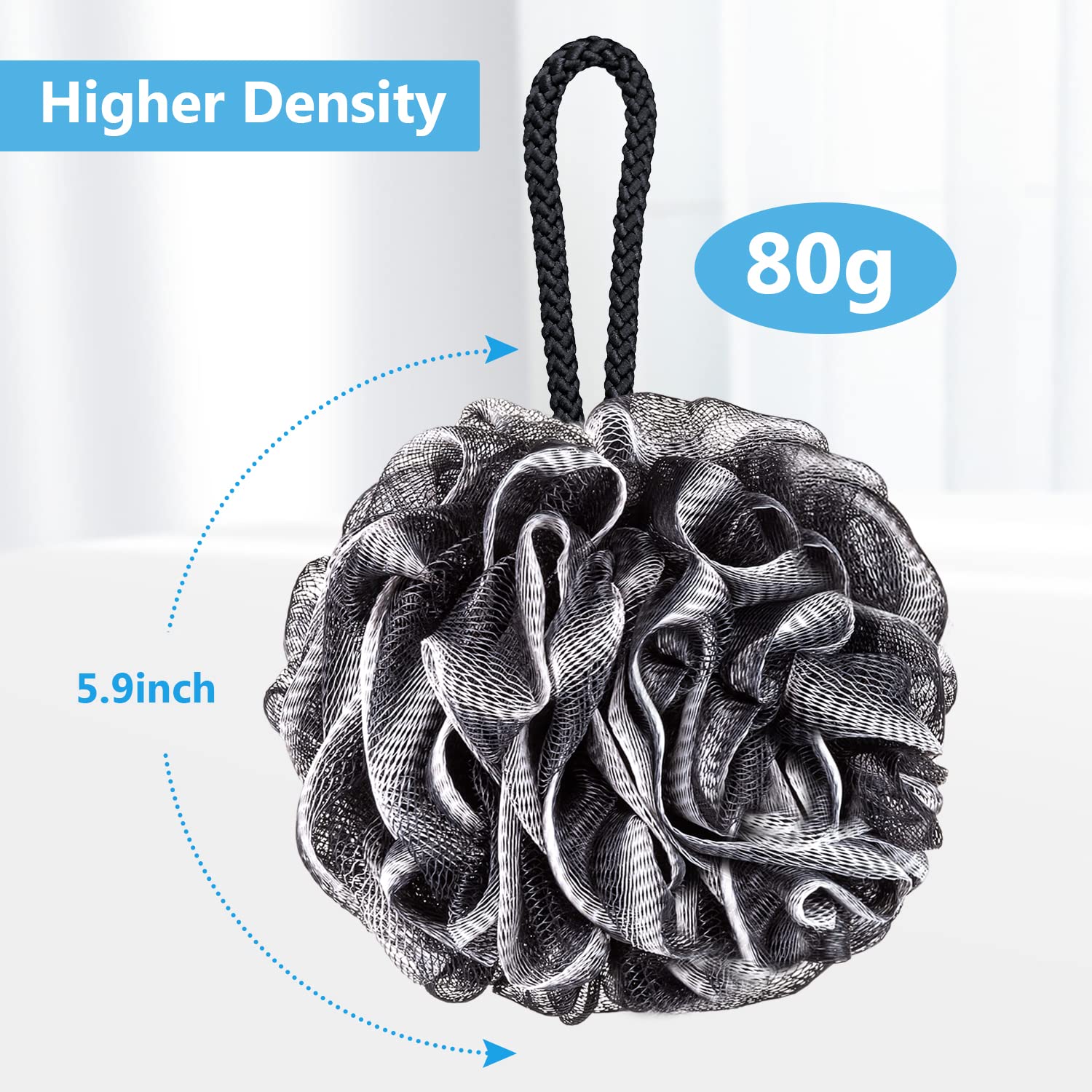 VANZAVANZU Bath Loofah Large 80g Shower Sponge Body Scrubber Mesh Pouf for Men and Women, Set of 4 (Black with White)