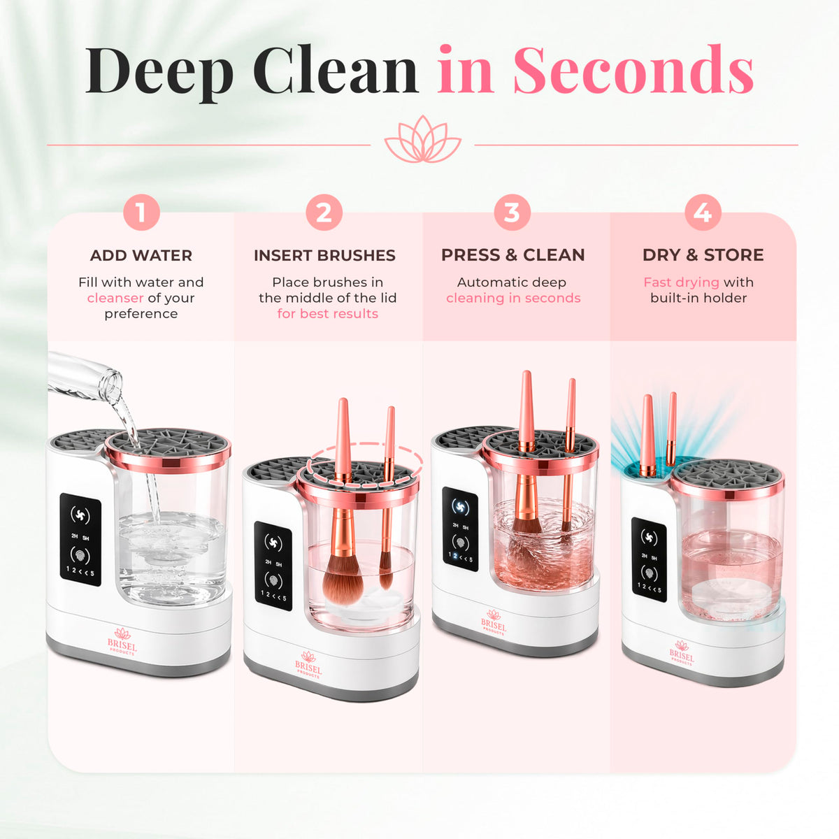BRISEL 3-in-1 Electric Makeup Brush Cleaner & Dryer Machine, Automatic Cosmetic Brush Washer, USB Powered with LED, Deep Cleaning & 2H/5H Timed Drying, Fits All Makeup Brushes & Sponges
