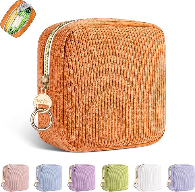 Playexen Period Bag for Girls, Corduroy Sanitary Napkin Storage Bag, Orange