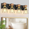FadimiKoo Farmhouse Bathroom Vanity Light Fixtures, 4-Light Wood Bathroom Lighting Over Mirror, Rustic Black Gold Sconces Wall Lighting with Metal Lampshade for Living Room, Bedroom, Hallway