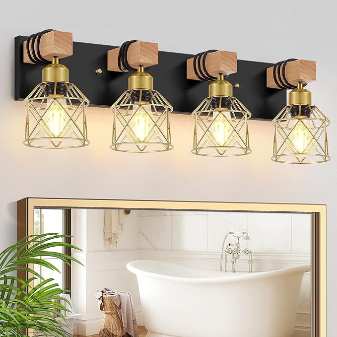 FadimiKoo Farmhouse Bathroom Vanity Light Fixtures, 4-Light Wood Bathroom Lighting Over Mirror, Rustic Black Gold Sconces Wall Lighting with Metal Lampshade for Living Room, Bedroom, Hallway