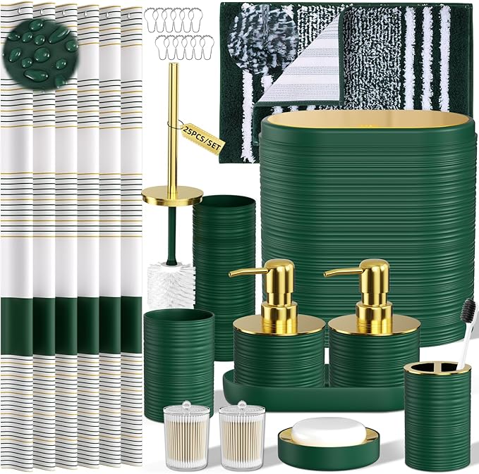 InnJoey Bathroom Set - Bathroom Sets with Shower Curtain and Rugs, 25PC Bathroom Accessory Set, Green Bathroom Accessories Set with Trash Can, Soap Dispensers