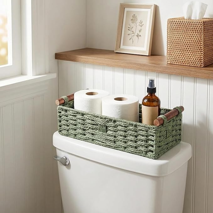 Back of Toilet Basket, Green Wicker Toilet Tank Basket for Toilet Paper Storage, Basket for Toilet Tank Top, Fresh Bathroom Organizer for Wipes & Essentials