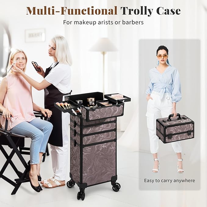 JINGUAN Professional Rolling Makeup Train Case with Lid, 5 in 1 Cosmetology Case on Wheels, Large Cosmetic Trolley Organizer Travel for Hairstylist Artist Nail Beauty Salon Barber, Brown Ink