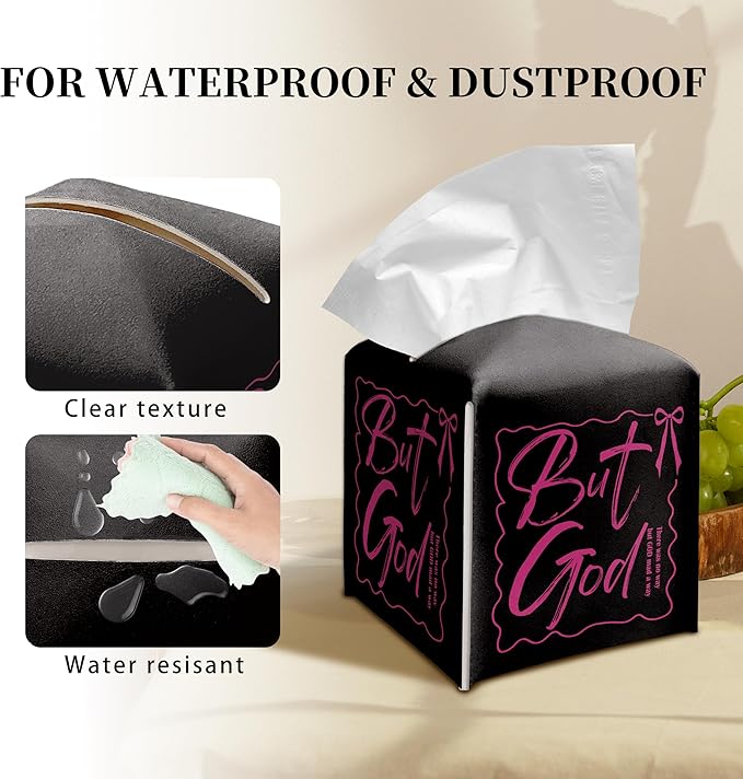 Grace Yonks Cute Tissue Box Cover Square - “But God” Christian Quote in Pink on Black Design 5.2" PU Leather Holder for Vanity, Desk, or Bathroom Counter - Cube Case for Facial Tissues(023)