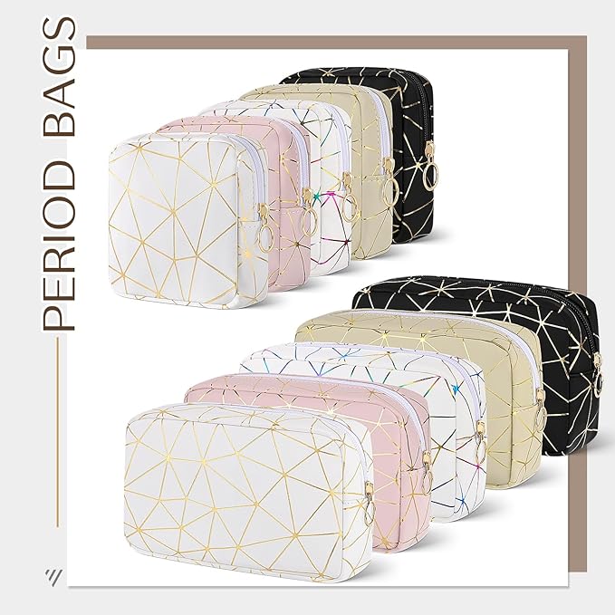 Period Bag for Girls Womens, Leather Sanitary Napkin Storage Bag, Portable Menstrual Pad Bag Period Pads Pouch (Pink Gold)