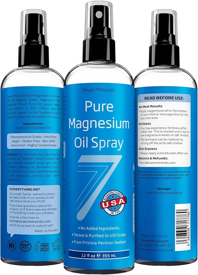 Seven Minerals Magnesium Oil Spray for Sleep, Leg Cramps & Feet, Big 12 oz