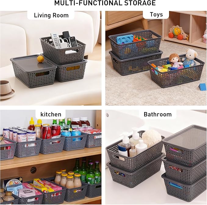 Anywish Plastic Storage Baskets With Lid, Storage Bins for Organizing, Stackable Decorative Containers for Shelves Drawers Desktop Closet Playroom Classroom Office, 6 Pack-Grey