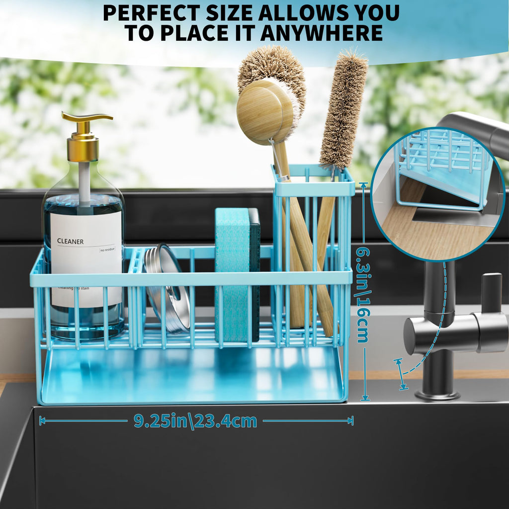 Cisily Blue Kitchen Sink Caddy Organzier with High Brush Holder, Sponge Holder for Sink, 304 Rustproof Stainless, Kitchen Countertop Soap Dispenser Organizer, Blue Home Decor and Accessories
