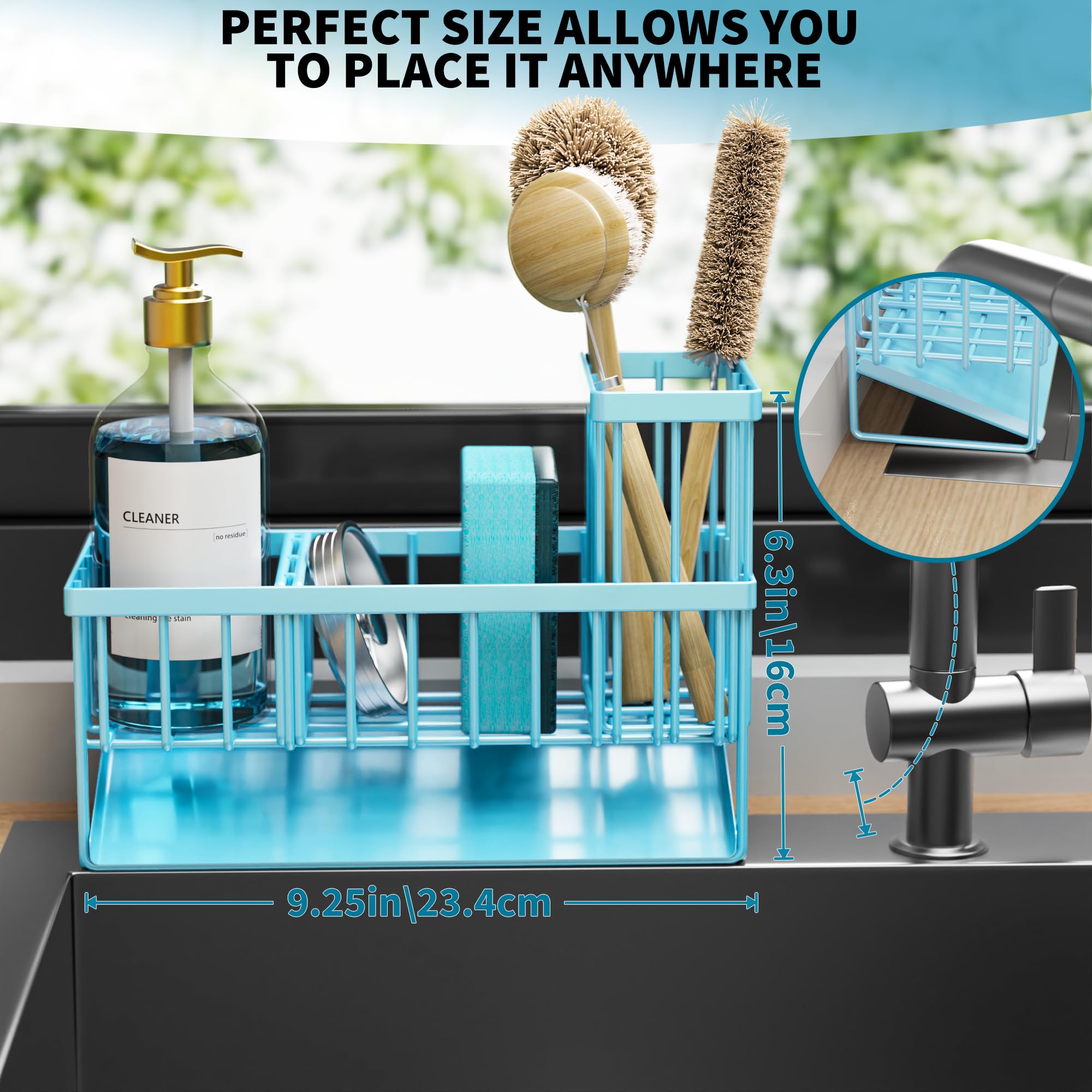 Cisily Blue Kitchen Sink Caddy Organzier with High Brush Holder, Sponge Holder for Sink, 304 Rustproof Stainless, Kitchen Countertop Soap Dispenser Organizer, Blue Home Decor and Accessories