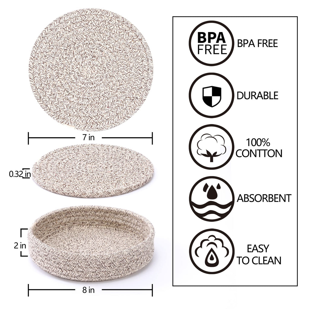 Coga Trivets for Hot Dishes, 4 Pack 7 Inch Cotton Hot Pads for Kitchen with Storage Basket, Round Pot Holders for Kitchen, Heat Resistant Mats for Countertop, Pots and Pans, Farmhouse Decor, Brown