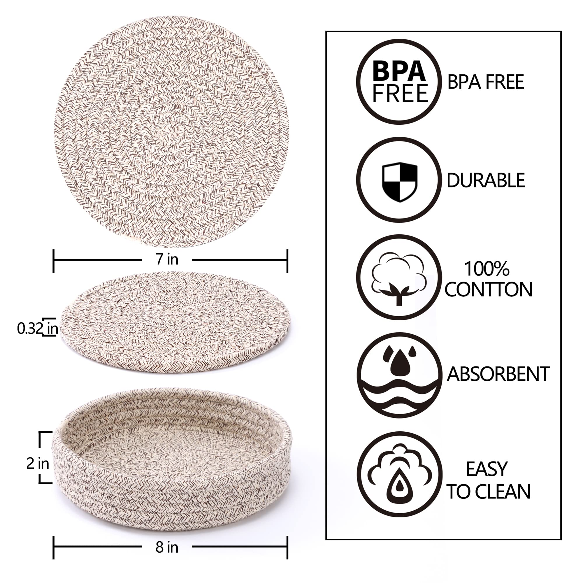Coga Trivets for Hot Dishes, 5 Pack 7 Inch Cotton Hot Pads for Kitchen with Storage Basket, Round Pot Holders for Kitchen, Heat Resistant Mats for Countertop, Pots and Pans, Farmhouse Decor, Brown