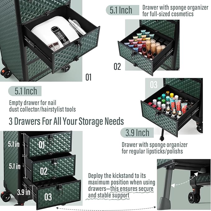 Yueieoun Nail Trolley Cart with 3 Drawers, Salon Station Cosmetology Case on Wheels Rolling Makeup Train Case Nail Case Organizer Beauty Salon Travel Case for Nailart,SPA,Hairstylist,Artist,Dark Green