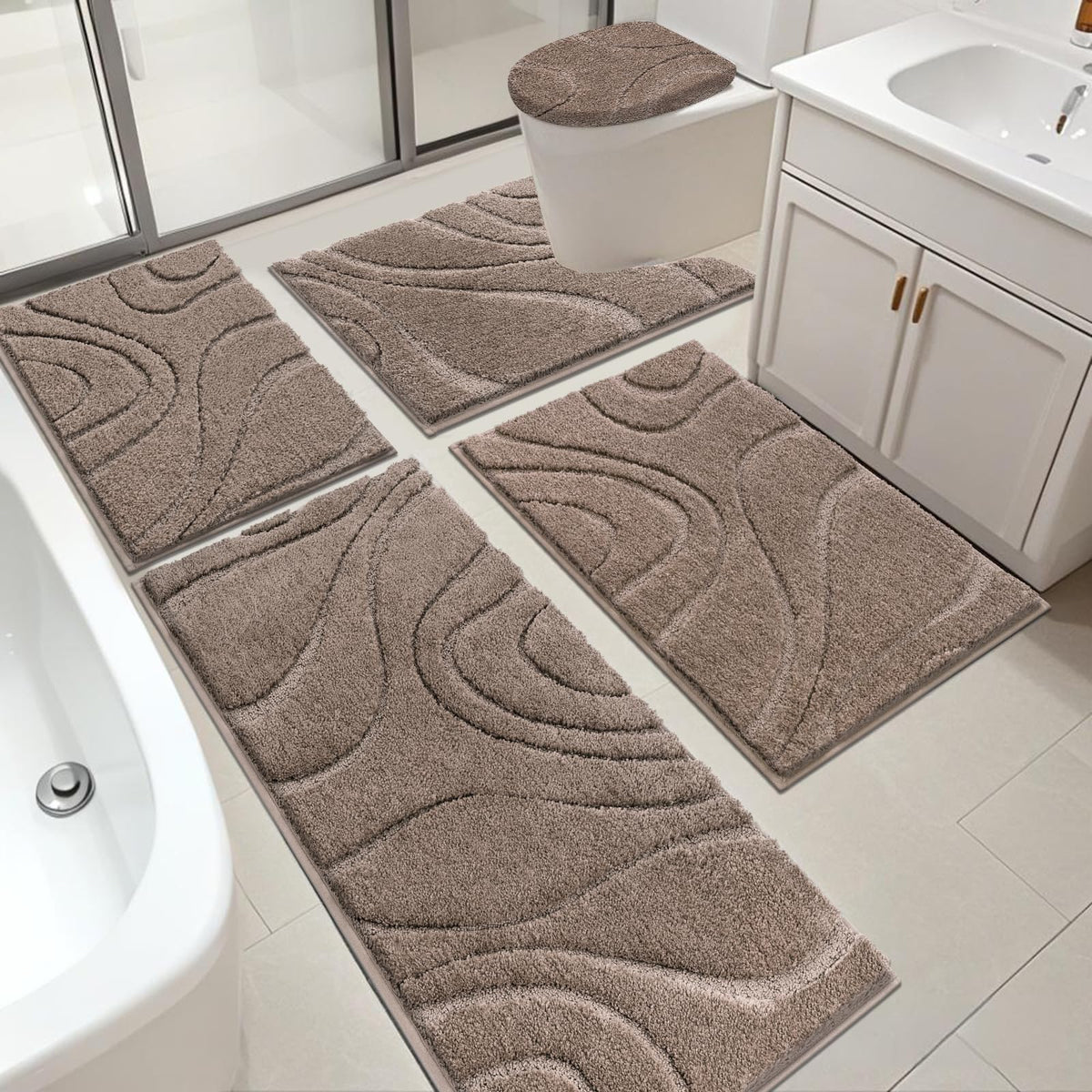 HEBE Bathroom Rugs Sets 5 Piece, Non Slip Washable Absorbent Bath Mat Set