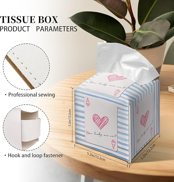 Grace Yonks Cute Tissue Box Cover Square - Red Heart Ace Card & Blue Stripe Design 5.2" PU Leather Holder for Vanity, Desk, or Bathroom Counter - Cube Case for Facial Tissues(007)