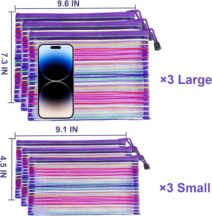 CarryEpic Mesh Bags with Zipper (6 Pack), Nylon Makeup Bag Cosmetic Pouches Travel Organizer Case for Purse Diaper Bag Home Organizing Striped Multi Size Purple