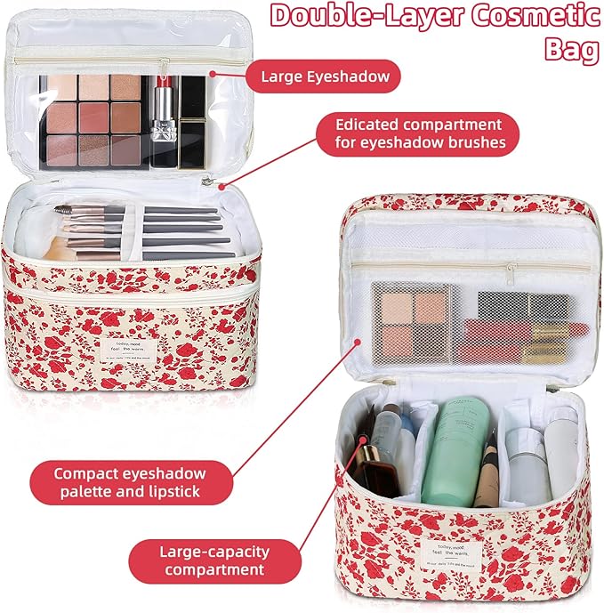 Gosect Makeup Bag, Portable Travel Make up Bag, Large Capacity Quilted Cosmetic Organizer Bag, Cute Floral Toiletry Bag for Women Girls (Bright Pink Rose)