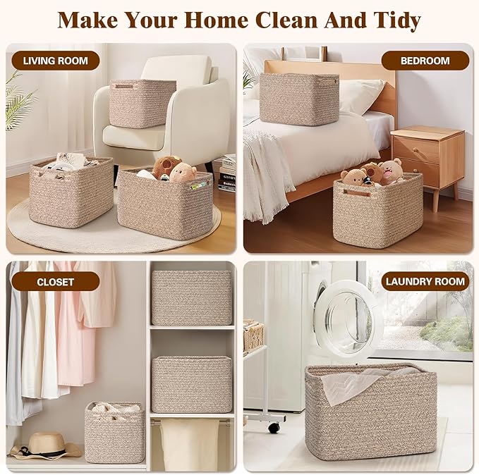Storage Baskets for Organizing, 4 Pack Baskets for Shelves, Decorative Storage Bins for Shelves, Cotton Rope Storage Basket with Handles, Woven Basket for Storage, 13''Lx8.7''Wx7.9''H, Brown