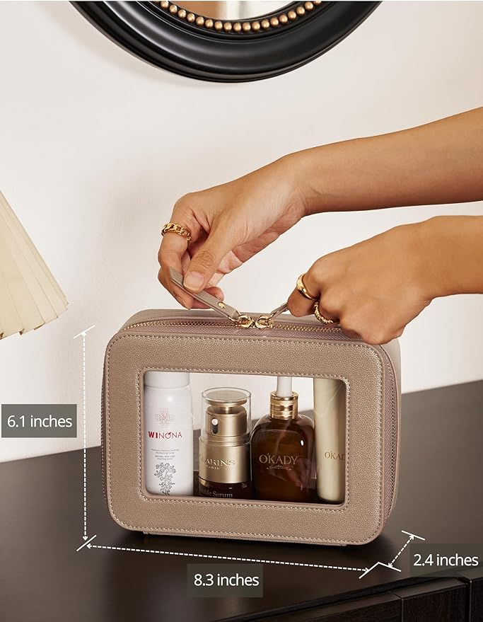 Popvibe Clear Makeup Bag Travel Cosmetic Case Transparent Toiletry Bag with Zipper, Portable Make Up Organizer Traveling Compact Car Bag for Essentials, Gold, Medium