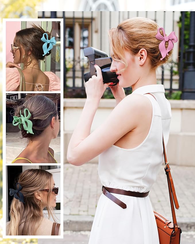 4 PCS Bow Hair Clips Bow Claw Clip for Women, Large Hair Claw Clips for Thin Thick Long Hair Cute Nonslip Bows (Blue+Pink+Green+Blue+Black)