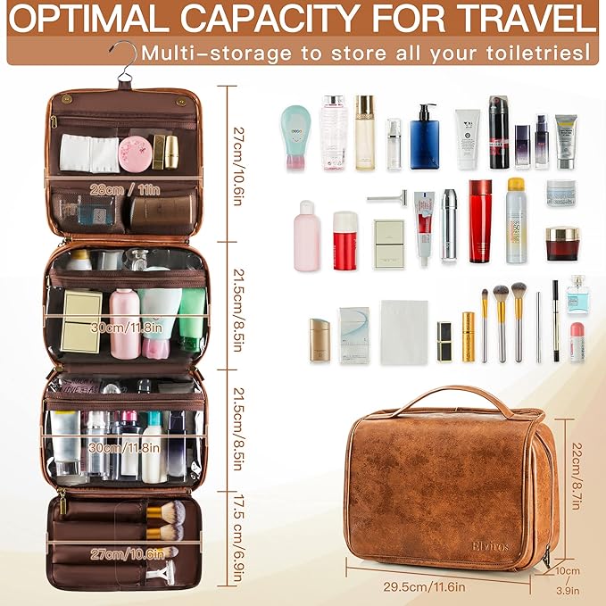Elviros Hanging Travel Toiletry Bag Gift for Men，Mens Toiletries Bag Gifts Set Shaving Dopp Kit Water-resistant Bathroom Toiletries Organizer PU Leather Cosmetic Bags 2 Pack