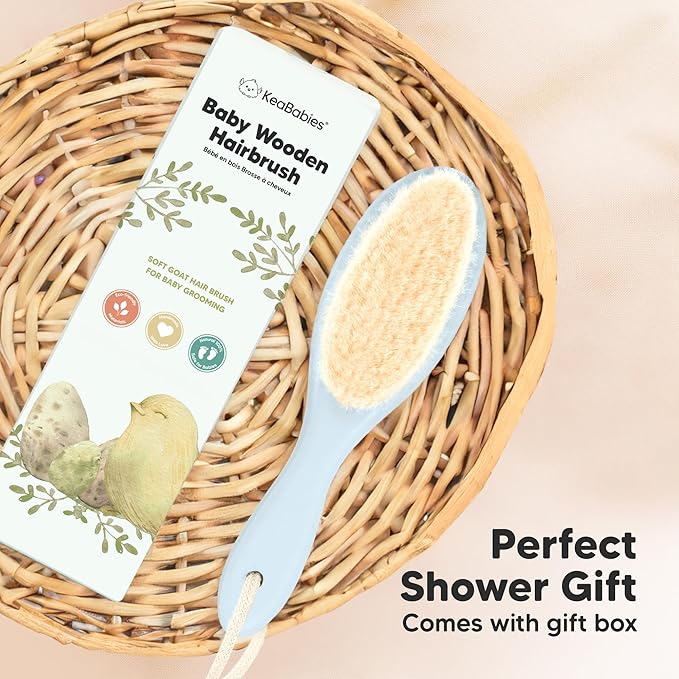 Wooden Baby Hair Brush - Cradle Cap Baby Brush with Soft Goat Bristles, Perfect Gentle Scalp Newborn Comb for Infant, Girls, Boys, Bath Essentials (Frost, Regular)