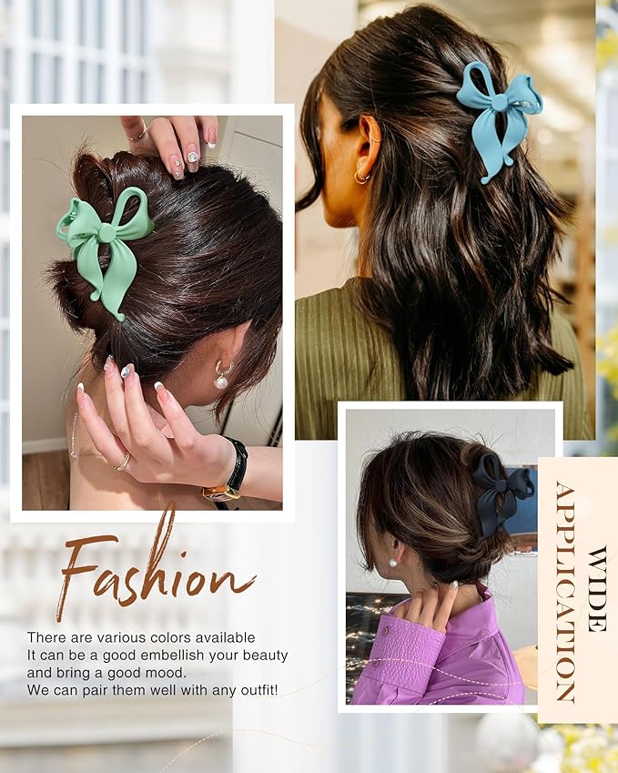 4 PCS Bow Hair Clips Bow Claw Clip for Women, Large Hair Claw Clips for Thin Thick Long Hair Cute Nonslip Bows (Blue+Pink+Green+Blue+Black)