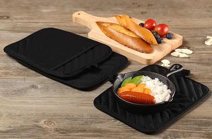 VEIKERY Oven Pot Holder with Pocket Cotton Heat Resistant Coaster Potholder Kitchen Hot Pad Oven Mitts for Cooking Square 7"x9" Set of 3 (Black)