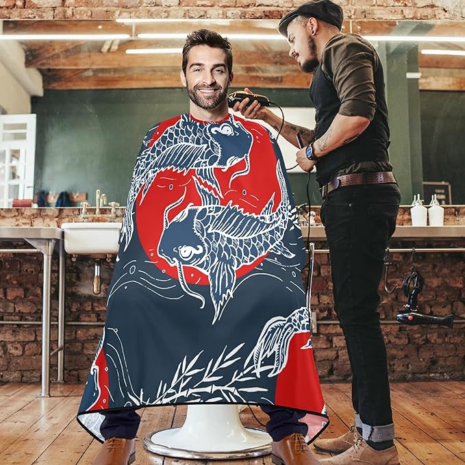 visesunny Barber Cape Japanese Art Carp Polyester Hair Cutting Salon Cape Apron Anti-Static Haircut Water-Resistant Shaving Cloth Beard Shaving Bib Hairdressing Cape