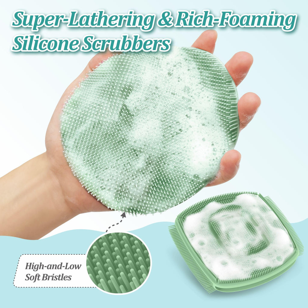 GEENOA Silicone Bath Glove & Face Scrubber Set 2PCS, 360° Anti-Slip & Hand-fit Body Scrubber for Rich Foaming Deep Cleaning, Unique Facial Scrubber with Side-bristles for Contoured Areas.(Green)