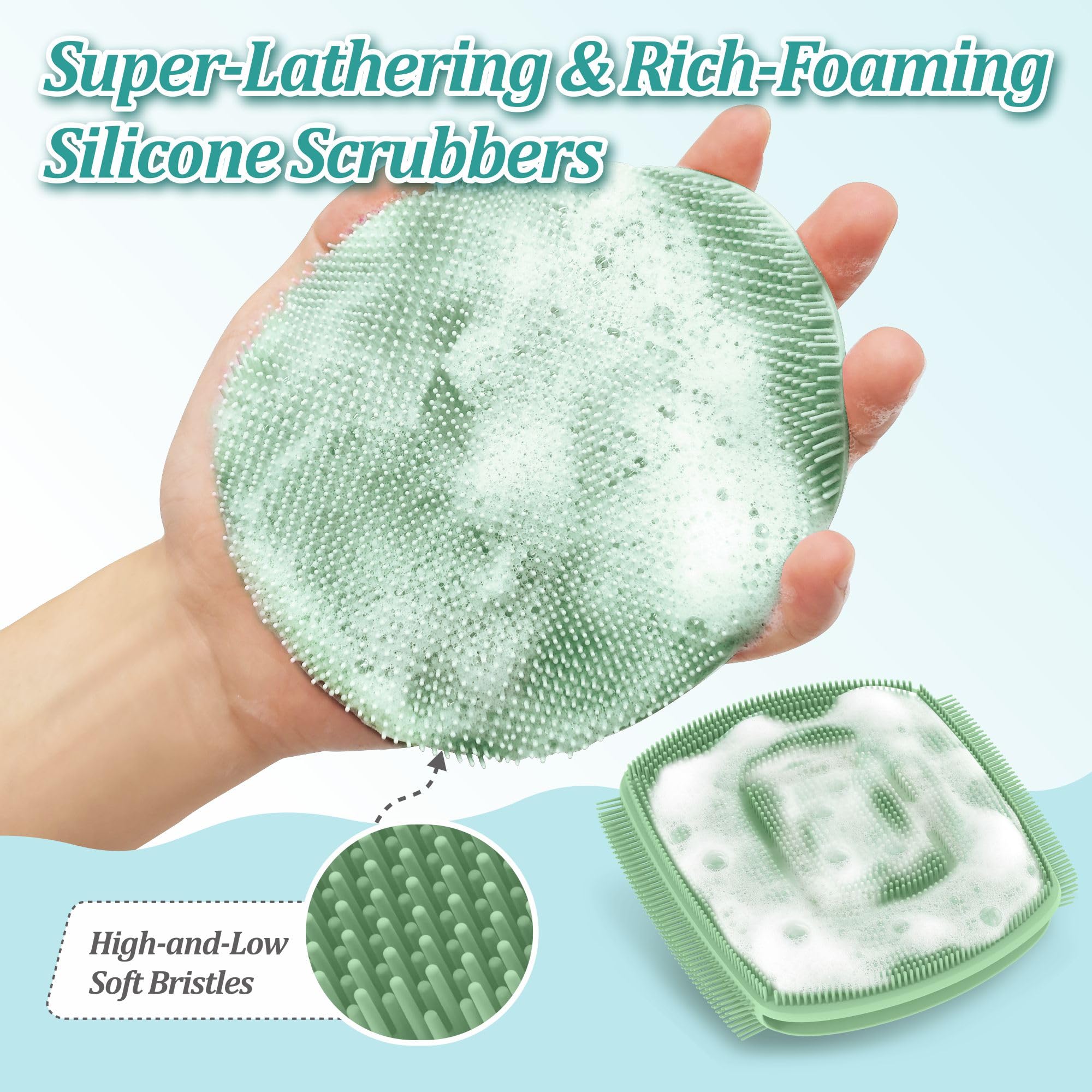 GEENOA Silicone Bath Glove & Face Scrubber Set 2PCS, 360° Anti-Slip & Hand-fit Body Scrubber for Rich Foaming Deep Cleaning, Unique Facial Scrubber with Side-bristles for Contoured Areas.(Green)