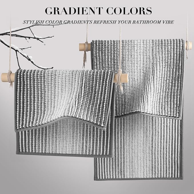 BSICPRO Bathroom Rugs and Mats Sets, 2 Piece Thick Absorbent Chenille Non Slip, Soft Shaggy Floor Mats, Machine Washable (20" x 47" Plus 16" x 24", Gray)