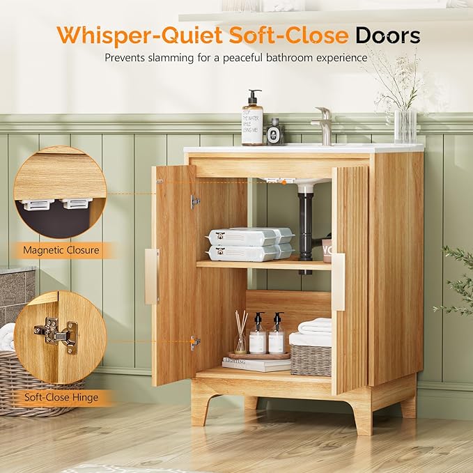 VINGLI 24 Inch Bathroom Vanity with Sink, Mid Century Modern Fluted Vanity Cabinet with Ceramic Basin, Small Free Standing Combo for Powder Room, Soft Close Doors, Natural Oak