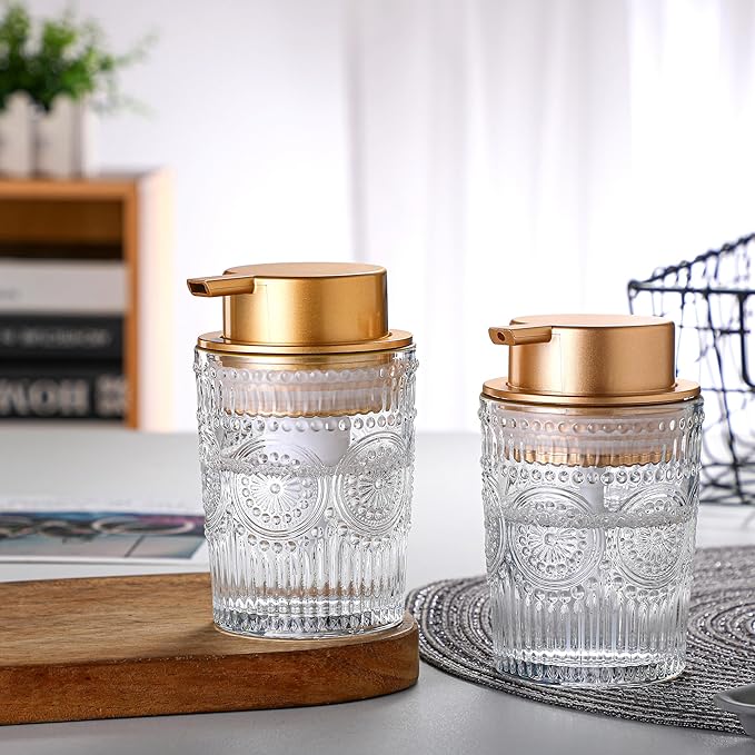 MKLZ 8 Oz Glass Dish Soap Dispenser, Hand Liquid Bottle with Gold Pump