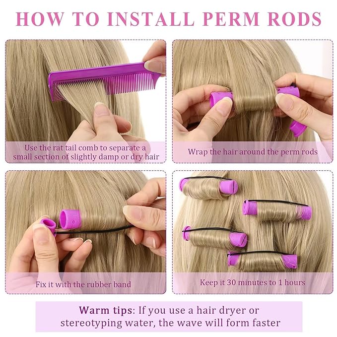 meigick Perm Rods Set for Natural Hair, 40Pcs Plastic Cold Wave Rods, Heatless Perming Rods Hair Curler for Women, DIY Hairdressing Tools, Purple, 0.75 Inch