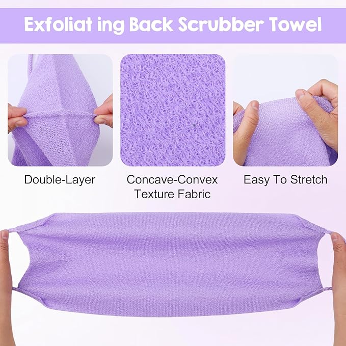 GEEHUA 4PCS Exfoliating Back Scrubber with Handles, Double-Sided Nylon Exfoliating Washcloth Extended Length Exfoliator Stretchy Pull Strap Back Washer Body Exfoliatin Washcloth for Women Men
