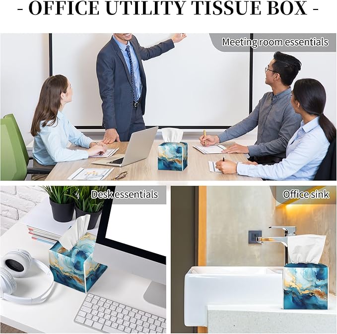 Blue Gold Marble Tissue Box Cover Square,Abstract Liquid Marble Texture Tissue Box Holder Waterproof Leather Facial Paper Organizer Dispenser for Bathroom Home Car Nightstand Vanity Desk