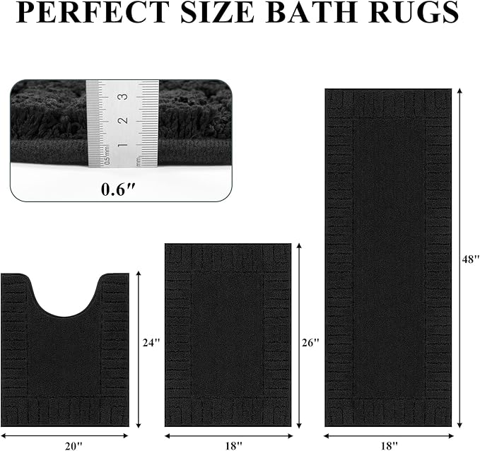 Pauwer Bathroom Rugs Sets 3 Piece, Microfiber Bath Mat Set, Black