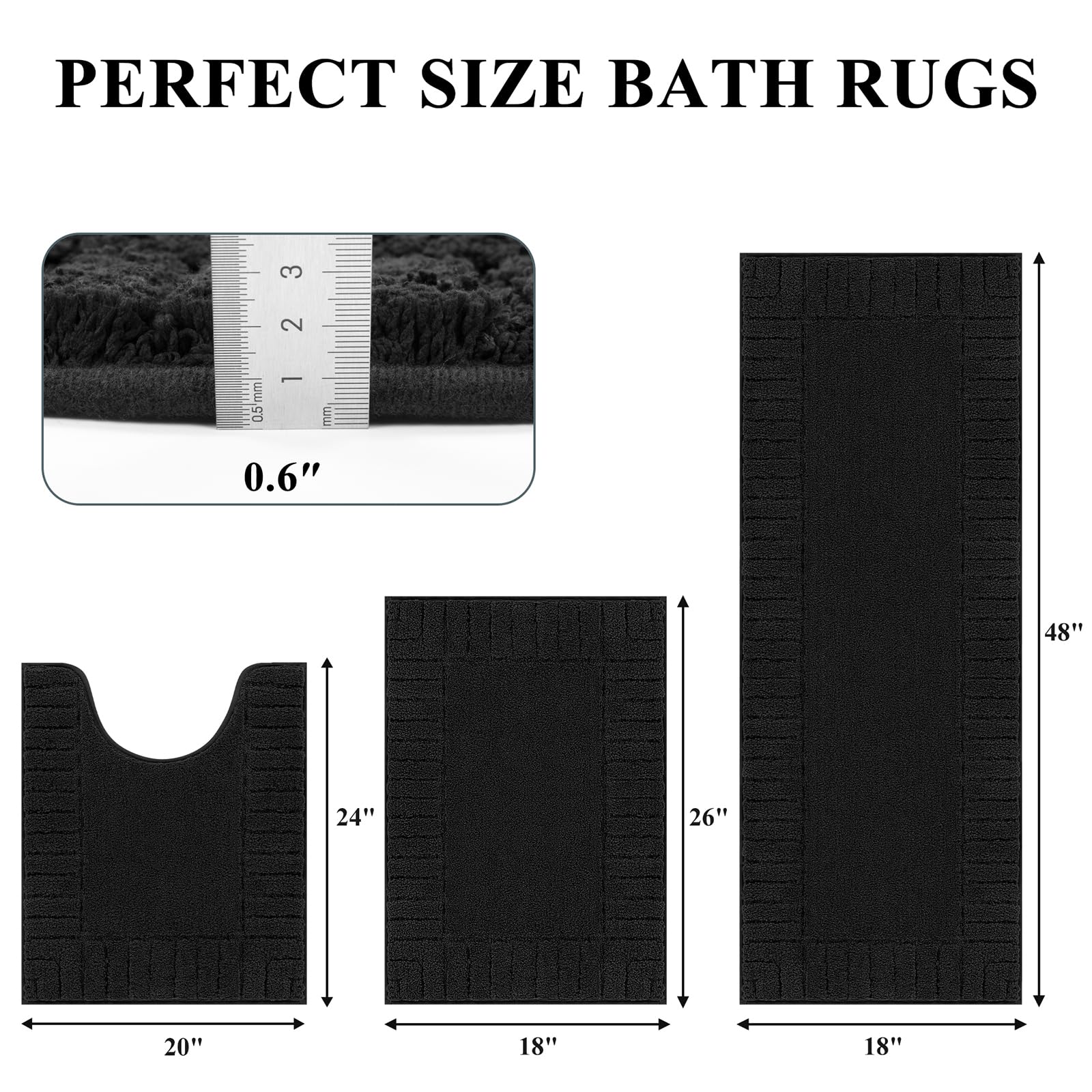Pauwer Bathroom Rugs Sets 3 Piece, Microfiber Bath Mat Set, Black