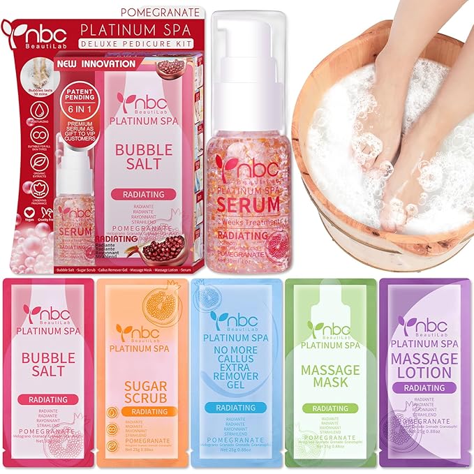 nbc BeautiLab Pedicure Foot Soak Set - Upgraded 6 in 1 Foot Spa, Foot Bath Spa, Pedicure Kit, Foot Soak for Tired & Dry Cracked Feet, Athletes Feet and Calluses (Pomegranate)
