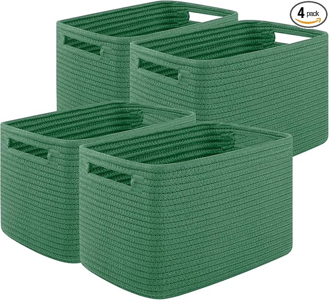 Storage Baskets for Organizing, Woven Decorative Baskets for Shelves - Books, Towels, and Clothes, Cotton Rope Toy Storage Bins, 12.7''Lx9''Wx7.8''H, Pack of 4, Green