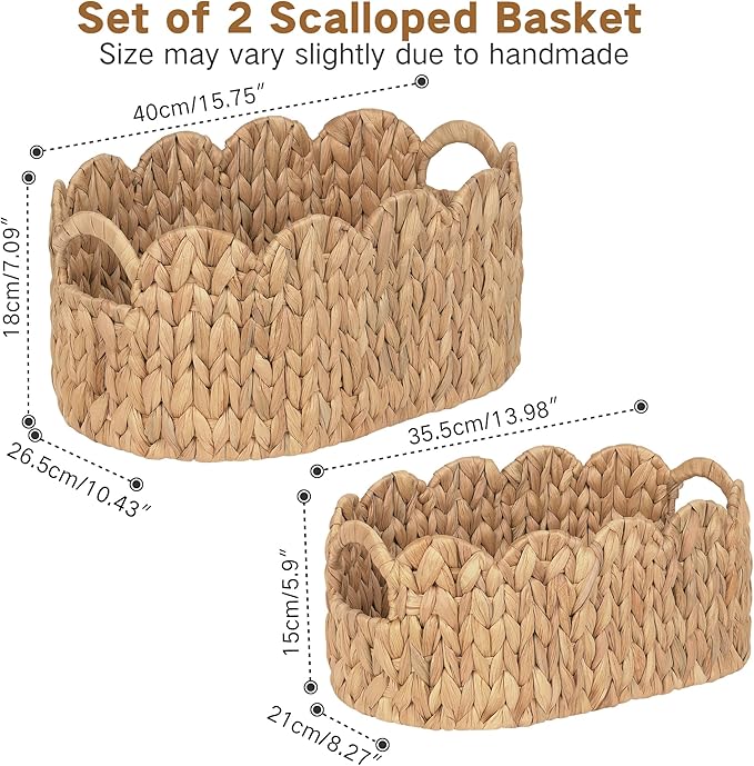 Scalloped Wicker Basket, Set of 2 Hand-Woven Natural Rattan Baskets with Built-in Handles, Water Hyacinth Storage Oval Cute Baby Baskets for Nursery, Organizing, Decor and Shelves