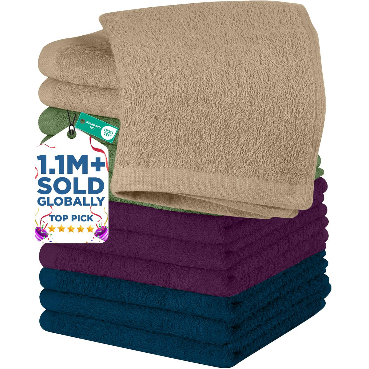 DAN RIVER 12 Pack Cotton Wash Cloths Set for Showering [12x12] Tan