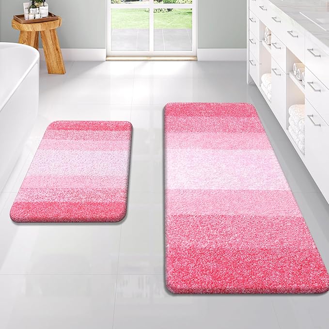 OLANLY Bathroom Rug Set 2 Piece, Soft Absorbent Microfiber Bath Rug Set, Non-Slip, Machine Wash Dry, Plush Shaggy Bath Mats for Bathroom (47"x20"+24"x16", Pink)